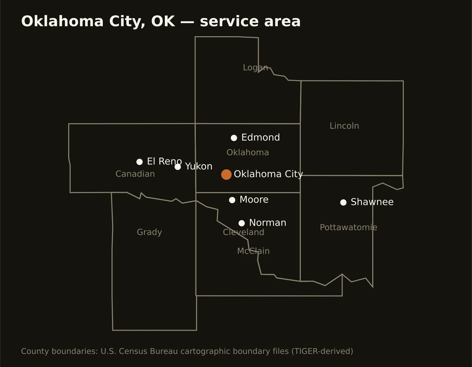 Oklahoma City, OK directional drilling service area map — component counties and cities served